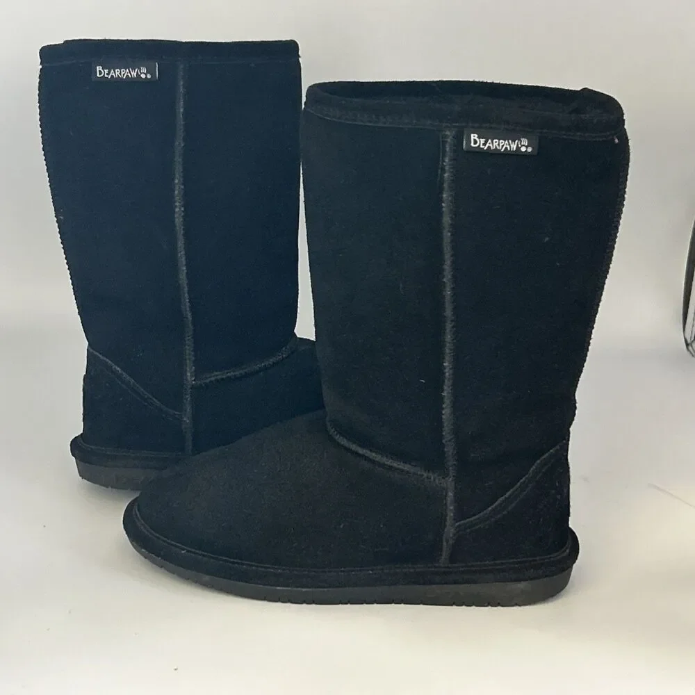 Bearpaw Elle Youth Black Suede Fur Lined Boots‎ Size 2 -Super Clean 10” High